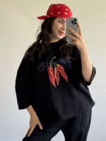 تیشرت زنانه باکسی پاستیل اورسایز نخ پنبه طرح دار نگیسه (12)