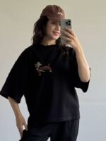 تیشرت زنانه باکسی پاستیل اورسایز نخ پنبه طرح دار نگیسه (8)