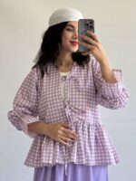 شومیز زنانه آوانا نخی چهارخانه بلند و چین دار نگیسه (2)