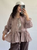شومیز زنانه آوانا نخی چهارخانه بلند و چین دار نگیسه (5)