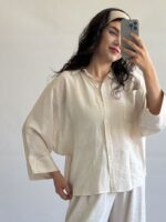 شومیز زنانه لالا لینن کریشه آستین کیمونو (4) نگیسه